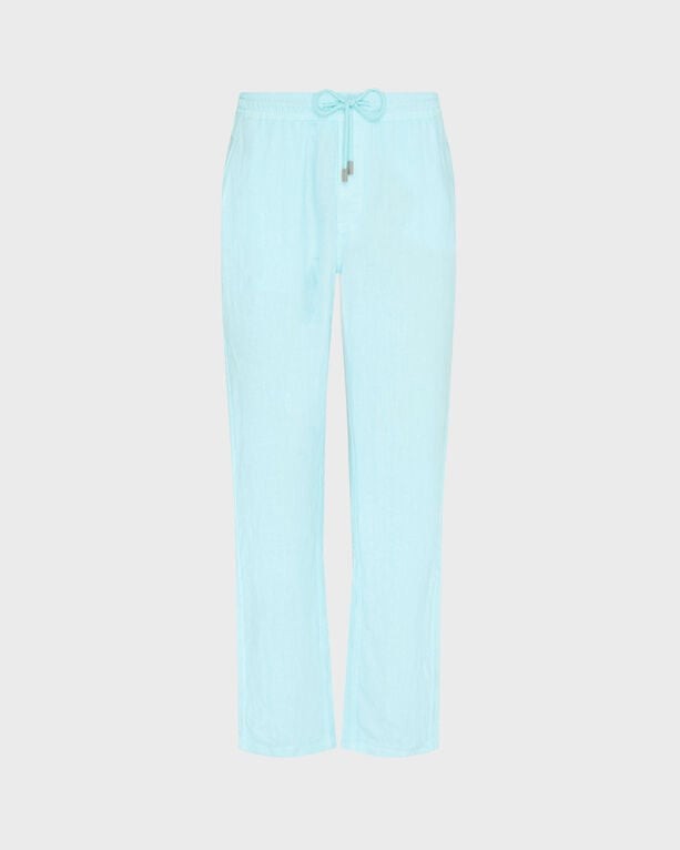 Light blue linen comfort pants by Vilebrequin, featuring a drawstring waistband and a relaxed fit, designed for men in size M.