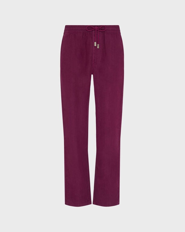 Men's solid purple linen comfort pants by Vilebrequin, featuring an elastic waistband with a drawstring and a relaxed fit, size XXL.