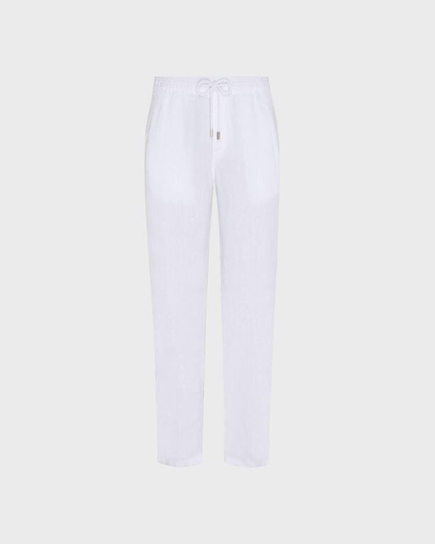 White linen comfort pants by Vilebrequin, featuring a drawstring waistband and a relaxed fit, designed for men in size XXL.