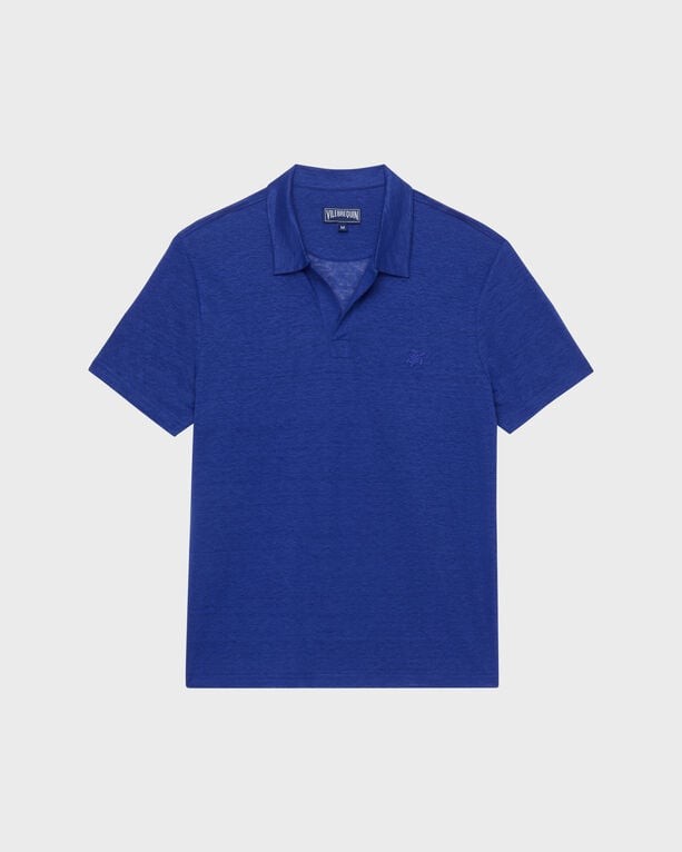 Solid blue linen jersey polo shirt by Vilebrequin, featuring a classic collar, short sleeves, and a subtle logo on the chest, available in size 4XL.