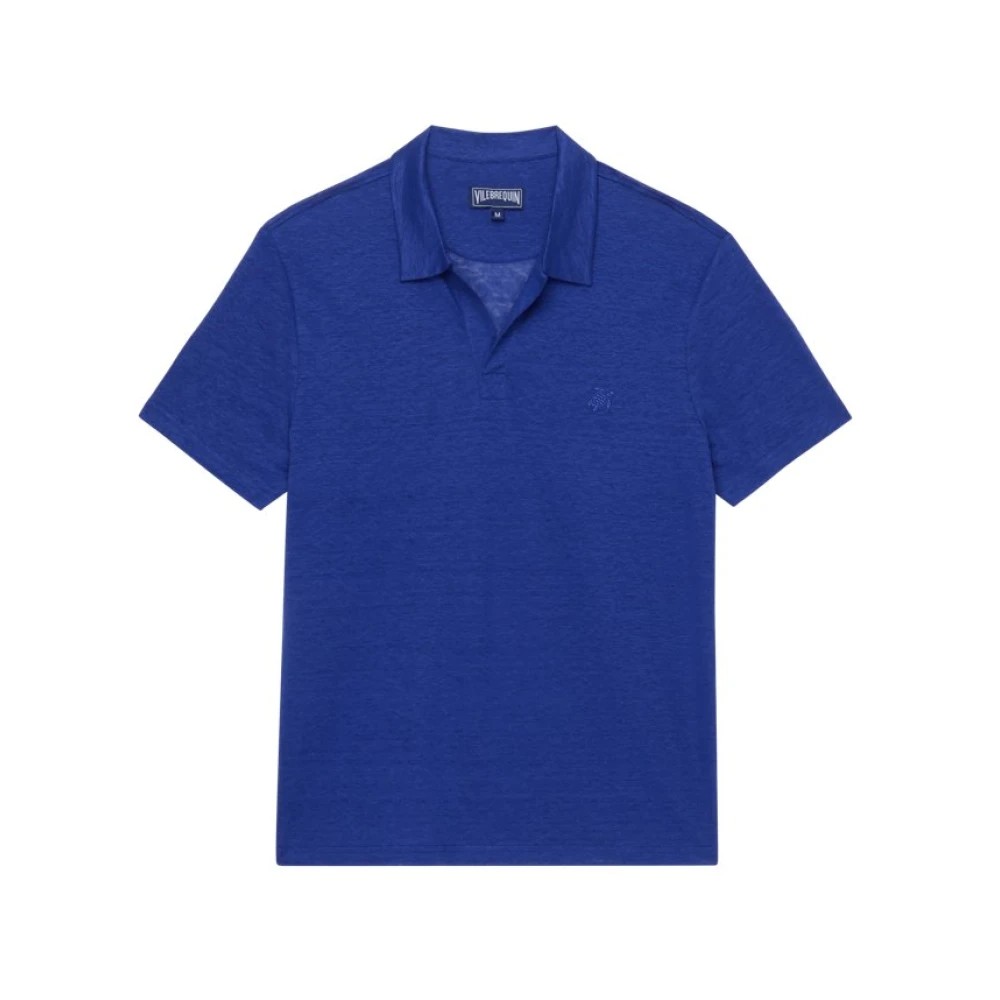 Solid blue linen jersey polo shirt by Vilebrequin, featuring a classic collar, short sleeves, and a subtle logo on the chest, available in size M.
