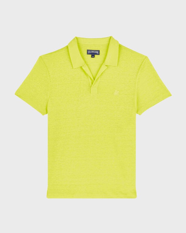 Solid green linen jersey polo shirt by Vilebrequin, featuring a classic collar, short sleeves, and a small logo on the chest, in size S.