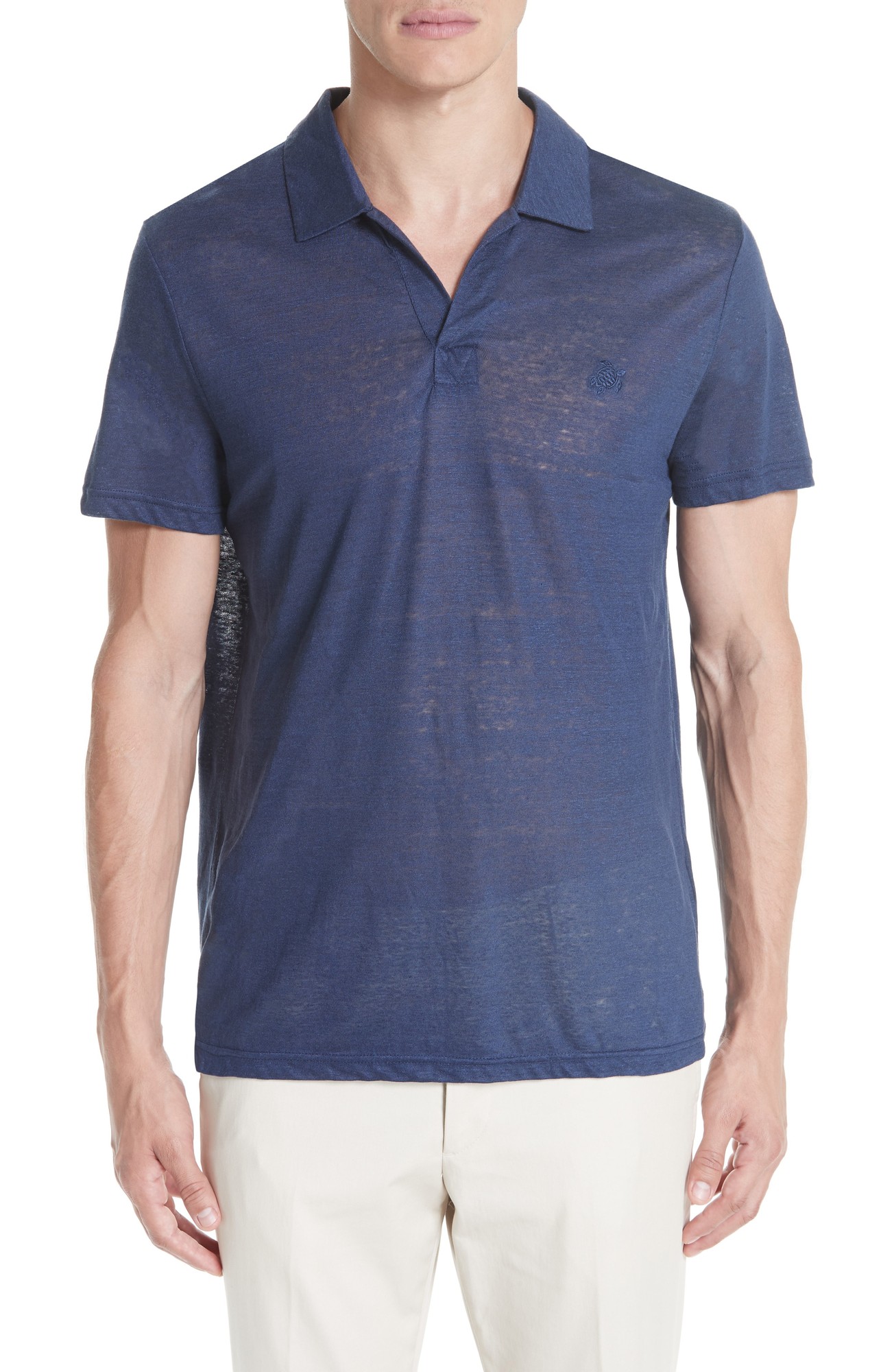 Blue men's linen jersey polo shirt by Vilebrequin, featuring a classic collar, short sleeves, and a subtle logo on the chest, designed for a relaxed fit in size XL.