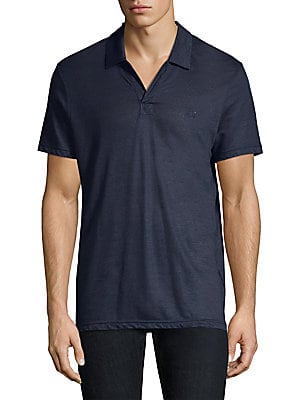 Navy blue short sleeve polo shirt made of lightweight linen, featuring a classic collar and a subtle logo on the chest, designed for a regular fit.
