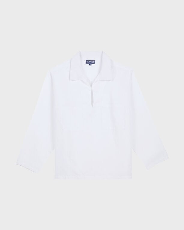 White linen overshirt by Vilebrequin, featuring a collar, a keyhole neckline, and long sleeves, in size XXXL, with a solid mineral dye finish.