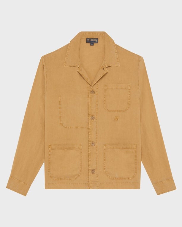 Brown linen overshirt jacket by Vilebrequin, featuring a classic collar, front button closure, two chest pockets, and a relaxed fit, available in size XXL.