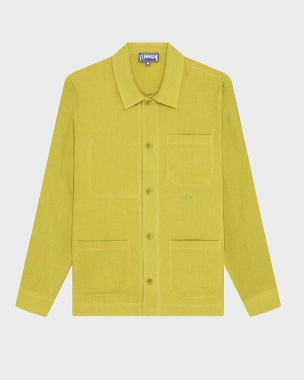 Green linen overshirt jacket by Vilebrequin, featuring a collared neckline, button front, and two front pockets, designed in size M.