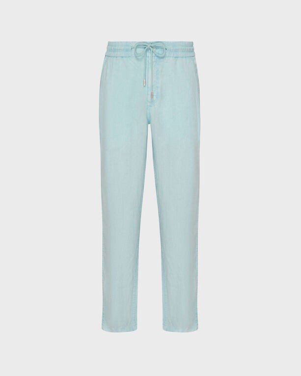 Light blue linen pants with a regular fit, featuring an elastic waistband and drawstring, designed for comfort and style, by Vilebrequin in size M.