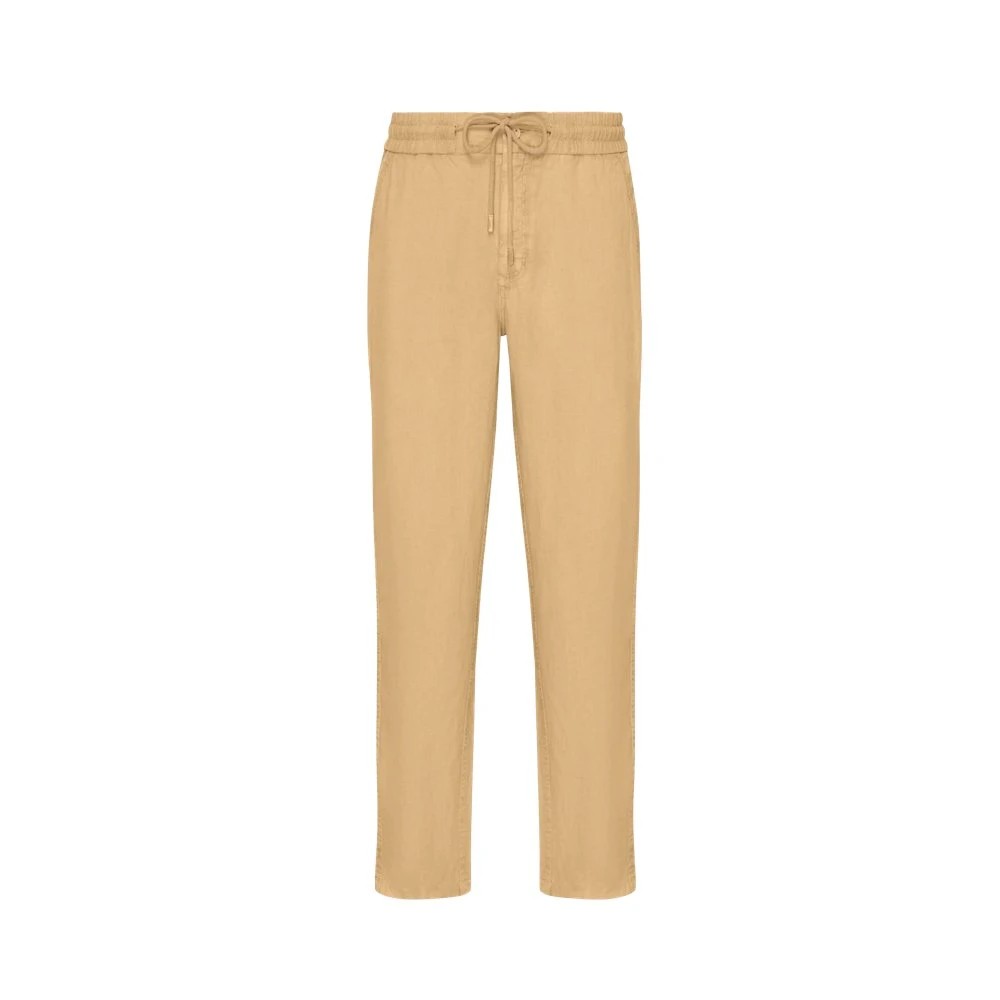 Light beige linen pants with a regular fit, featuring an elastic waistband and drawstring for adjustable comfort.