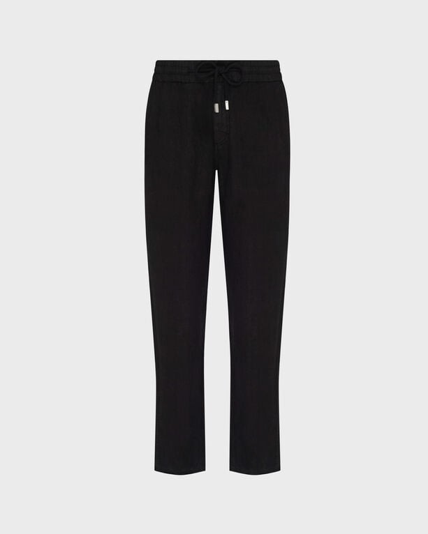 Black linen pants with a regular fit, featuring an elastic waistband with a drawstring, and a sleek, minimalist design, suitable for casual wear. Size L.