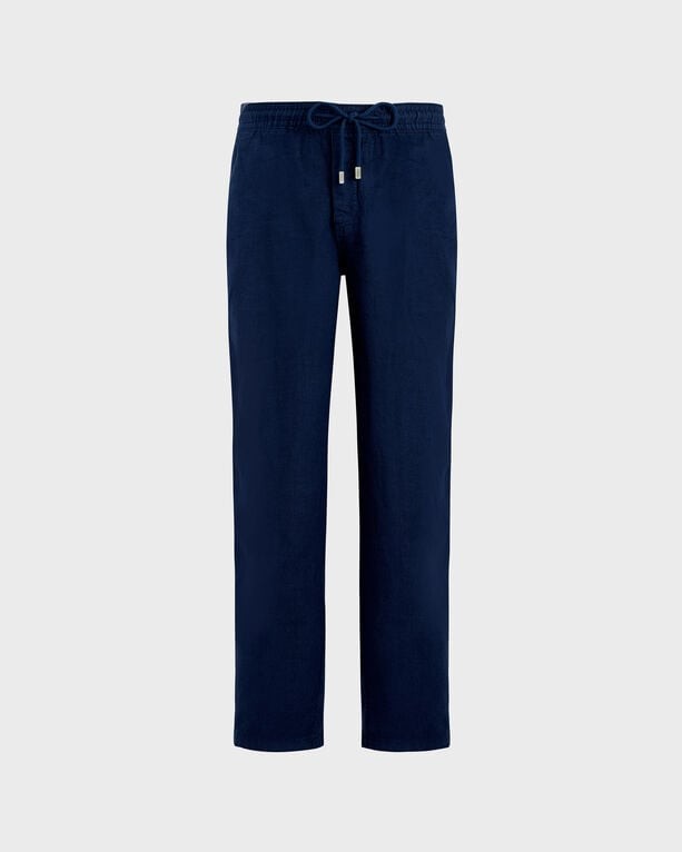 Men's regular fit linen pants in solid blue, featuring an elastic waistband with a drawstring and a relaxed silhouette, ideal for casual wear. Size L.