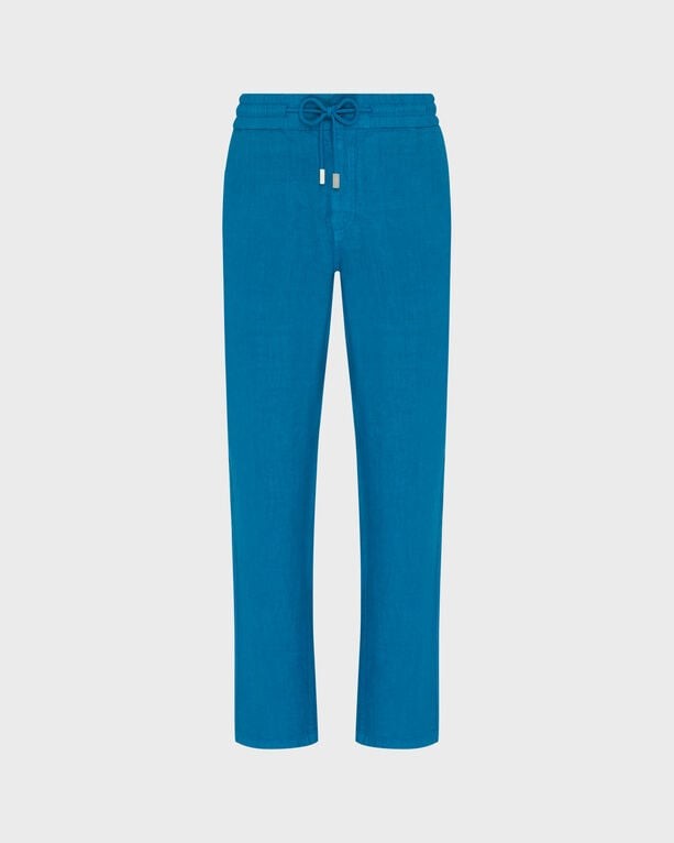 Regular fit solid blue linen pants with an elastic waistband and drawstring, designed for men, by Vilebrequin, in size S.