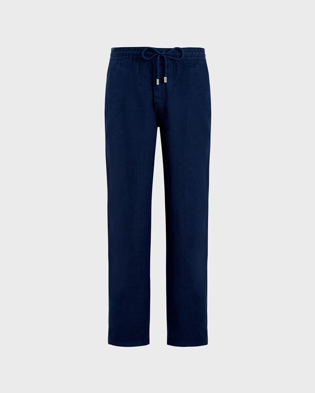 Men's regular fit linen pants in solid blue, featuring an elastic waistband with a drawstring and a relaxed silhouette, designed for comfort and style, size XXL.
