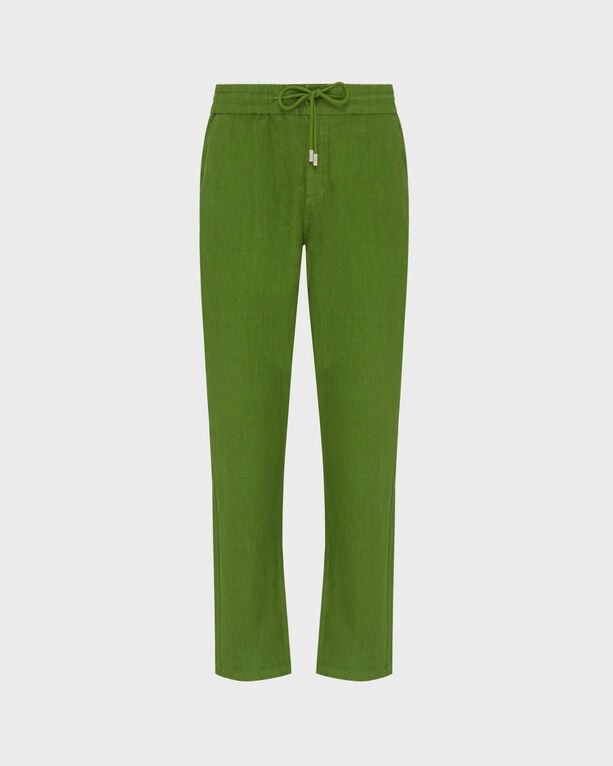 Green linen pants by Vilebrequin in a regular fit, featuring a drawstring waist and a solid design, available in size L.