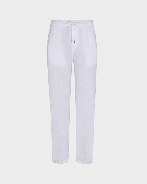 White linen pants by Vilebrequin in a regular fit, featuring an elastic waistband with a drawstring and subtle branding details, available in size XXL.