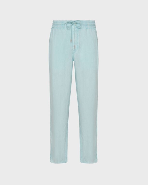 Light blue linen pants with a regular fit, featuring a drawstring waist and a relaxed silhouette, made from natural dye for a soft, breathable feel. Size XL.