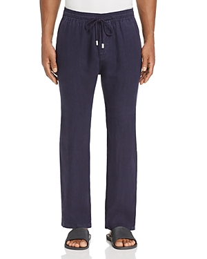 Men's solid blue linen pants by Vilebrequin, featuring a drawstring waist, relaxed fit, and side pockets, ideal for comfort and casual wear in size M.