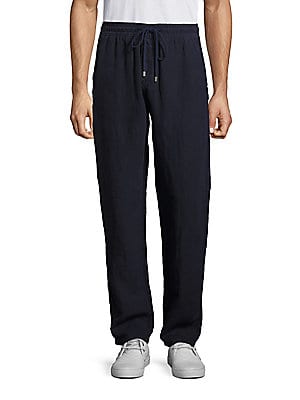 Men's solid blue linen pants by Vilebrequin, featuring an elastic waistband with drawstring, relaxed fit, and side pockets, available in size S.