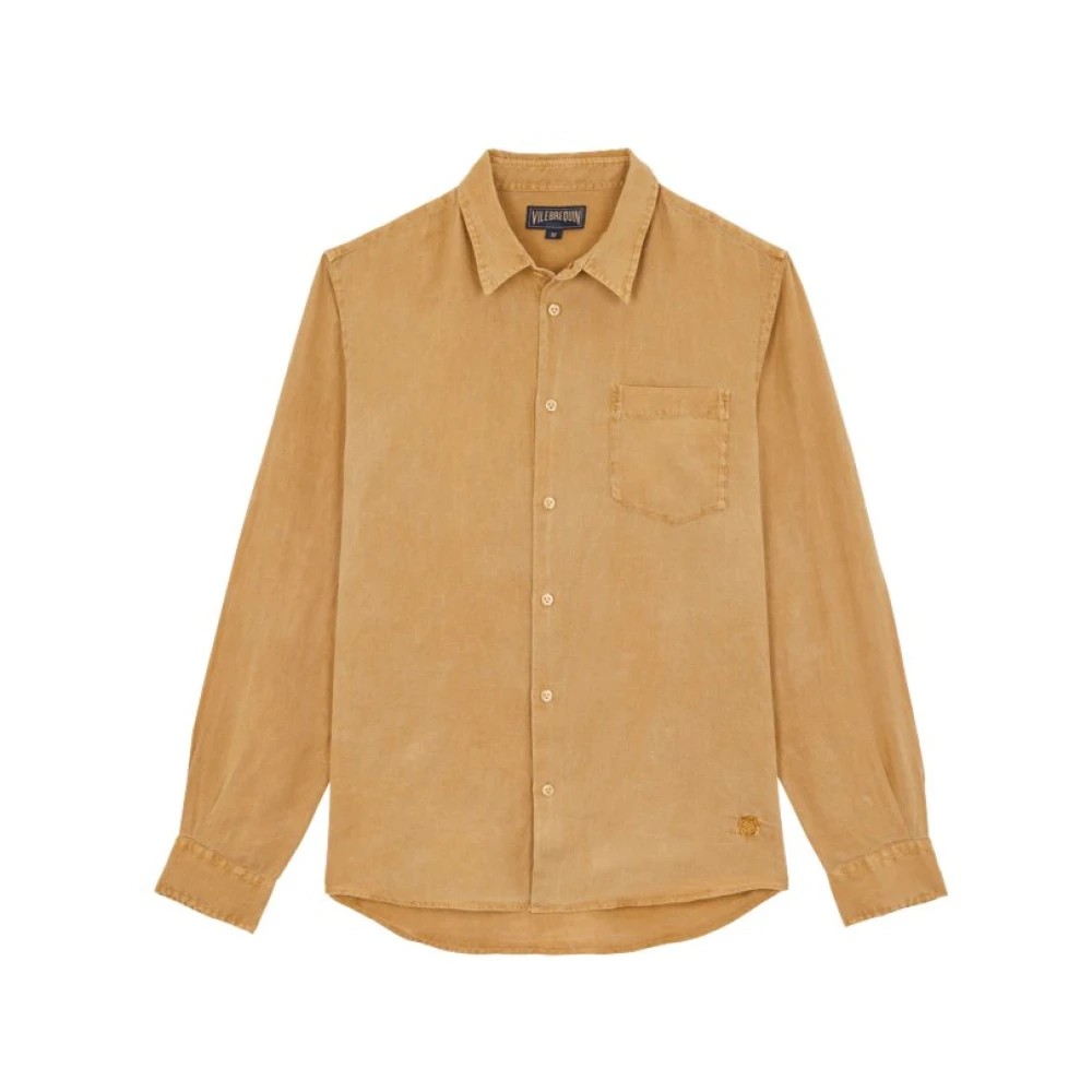Brown linen shirt by Vilebrequin, featuring a button-up front, long sleeves, a chest pocket, and a relaxed fit, in a natural color palette, size S.