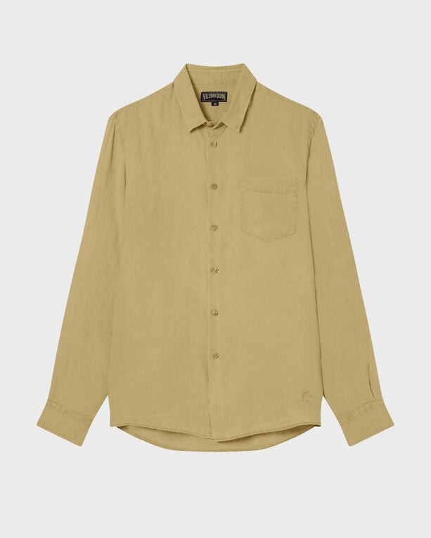 Light brown linen shirt by Vilebrequin, featuring a button-down front, long sleeves, a single chest pocket, and a relaxed fit, available in size XL.