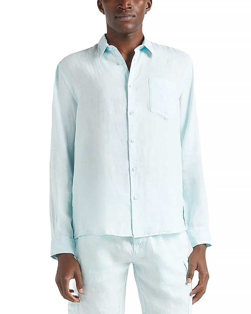 Light blue linen shirt by Vilebrequin, featuring a button-down front, single chest pocket, and long sleeves, designed for a relaxed fit in size L.