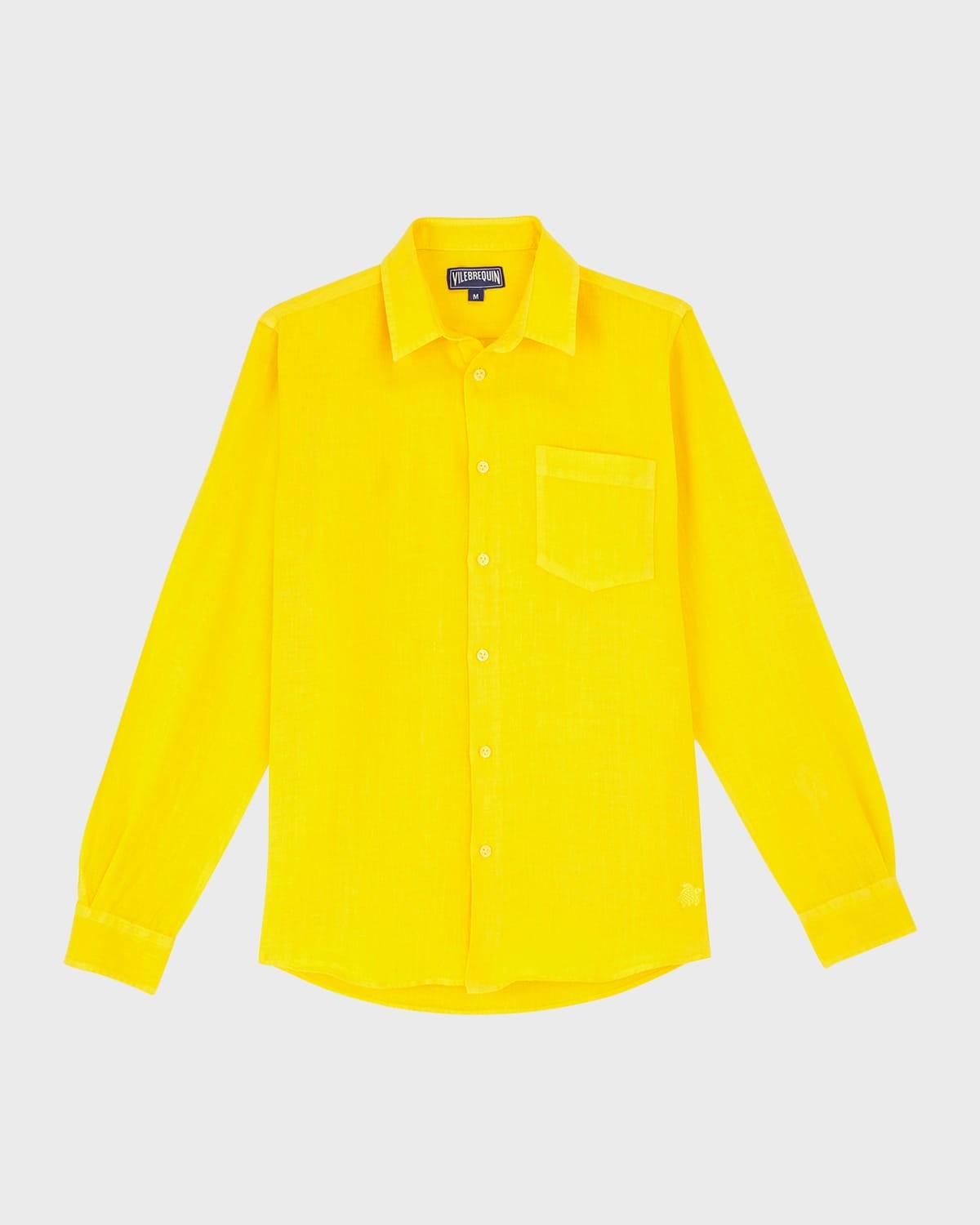 Bright yellow linen shirt by Vilebrequin, featuring a button-down front, long sleeves, and a single chest pocket, size M.