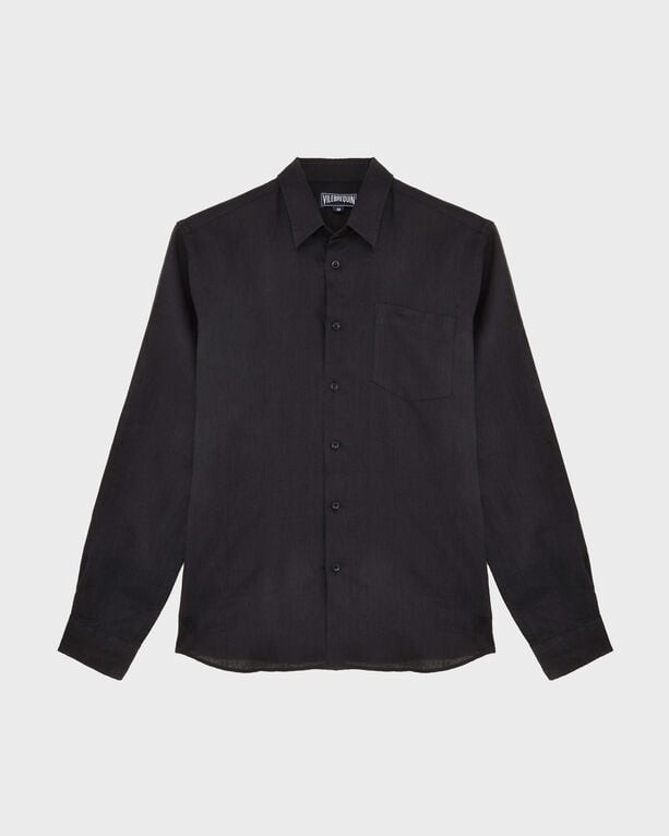 Black linen shirt by Vilebrequin, featuring a button-down front, long sleeves, and a single chest pocket, available in size M.