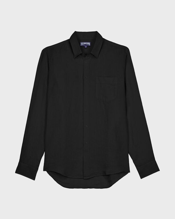Black linen long-sleeve shirt by Vilebrequin, featuring a button-down front, single chest pocket, and a relaxed fit, available in size XXXL.