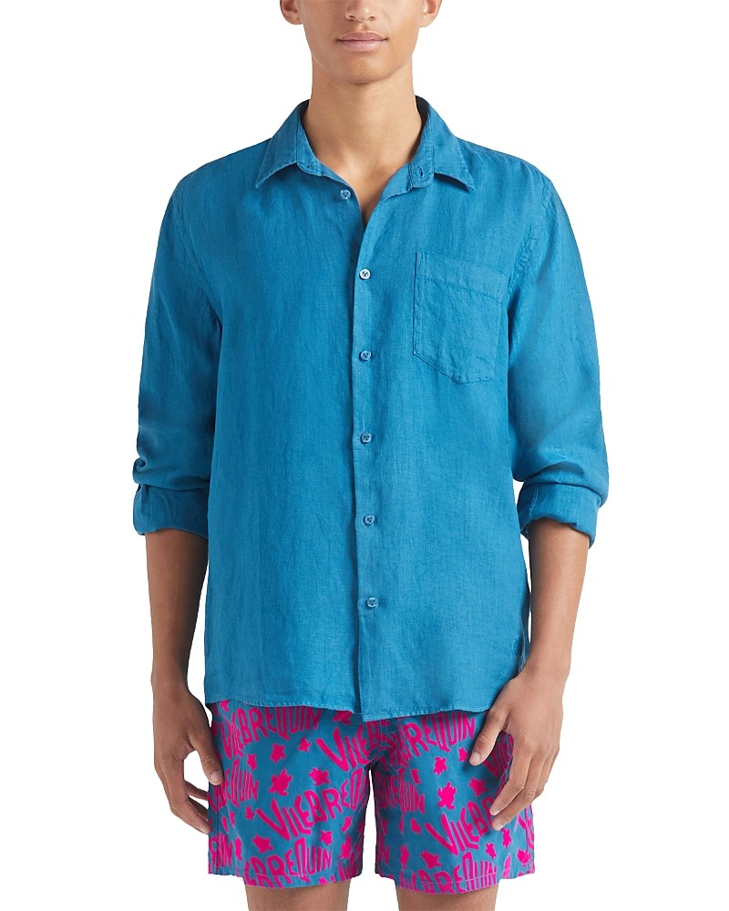 Men's Vilebrequin solid blue linen shirt in size XXL, featuring a button-down front, long sleeves, and a chest pocket, paired with vibrant pink patterned shorts.