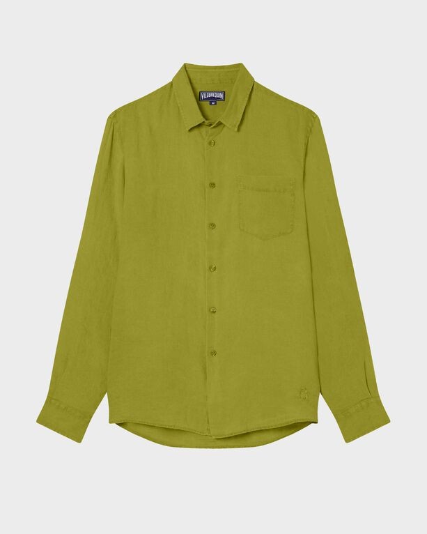 Solid green linen shirt by Vilebrequin, featuring a button-down front, long sleeves, a chest pocket, and a relaxed fit, available in size L.