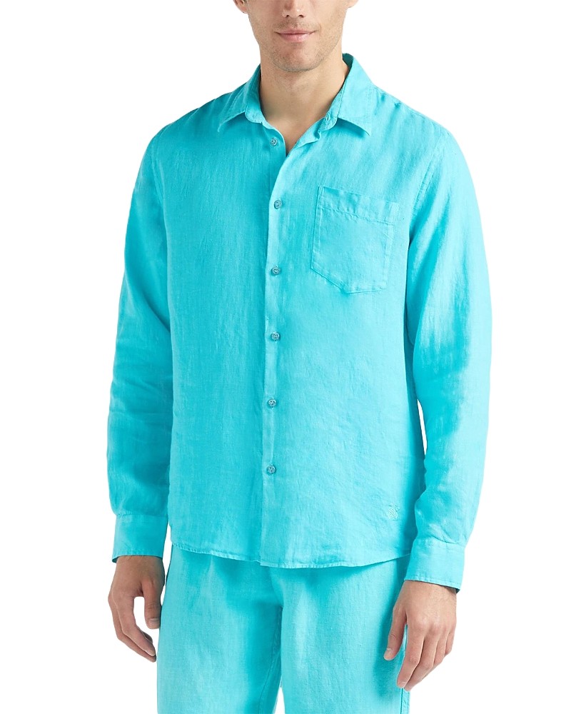 Light turquoise linen shirt with a button-up front, single chest pocket, and long sleeves, designed for men in size S by Vilebrequin.