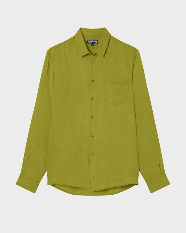 Green linen long-sleeve shirt by Vilebrequin, featuring a button-up front, single chest pocket, and a relaxed fit, available in size XL.