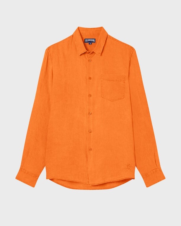 Solid orange linen shirt by Vilebrequin, featuring a button-up front, long sleeves, a single chest pocket, and a relaxed fit, available in size L.