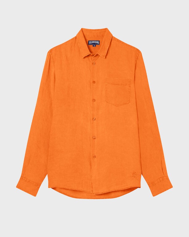 Bright orange linen shirt by Vilebrequin, featuring a button-up front, long sleeves, a single chest pocket, and a relaxed fit, available in size M.