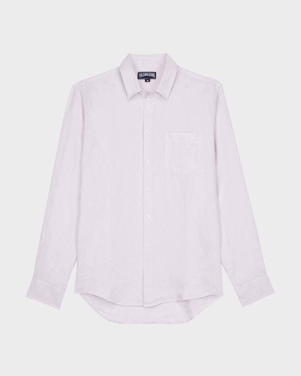 Light pink linen shirt by Vilebrequin, featuring a classic collar, long sleeves, button front, and a single chest pocket, in size XXXL.