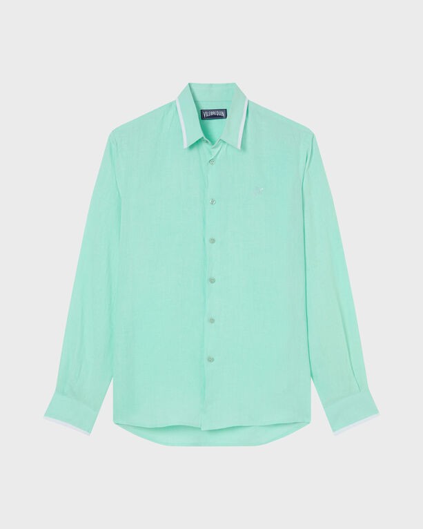 Light green linen shirt by Vilebrequin, featuring a classic collar, long sleeves, button front, and contrasting white trim on the cuffs. Size M.
