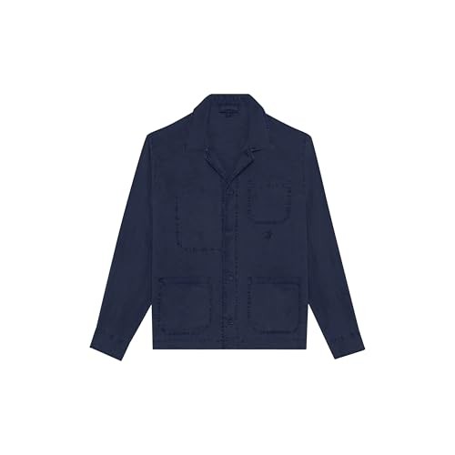 Navy blue linen overshirt featuring a collar, long sleeves, and two front pockets, showcasing a relaxed fit and a minimalist design.