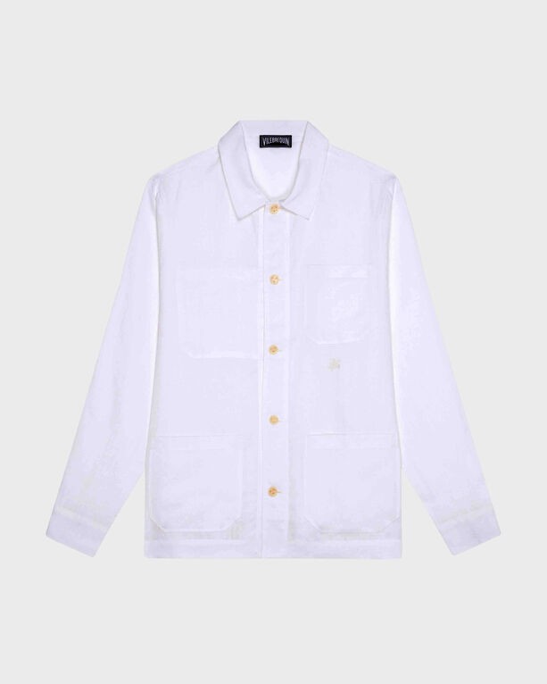 White linen overshirt featuring a classic collar, button-up front, two front pockets, and a relaxed fit, ideal for casual or beachwear.