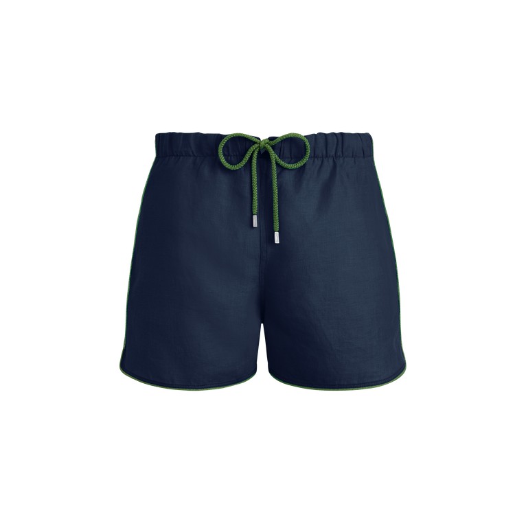 Men's solid blue linen swim shorts by Vilebrequin, featuring a comfortable elastic waistband with a green drawstring and contrasting trim. Size S.