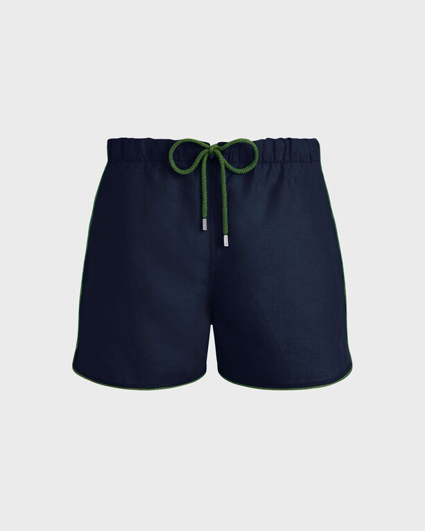 Blue linen swim shorts with a drawstring waistband and contrasting green trim, featuring a solid design, by Vilebrequin in size XL.