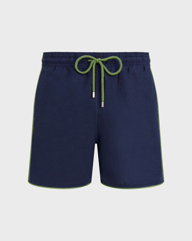 Blue linen swim shorts with a drawstring waist in green, featuring contrasting side piping, designed for men in size XXL, by Vilebrequin.