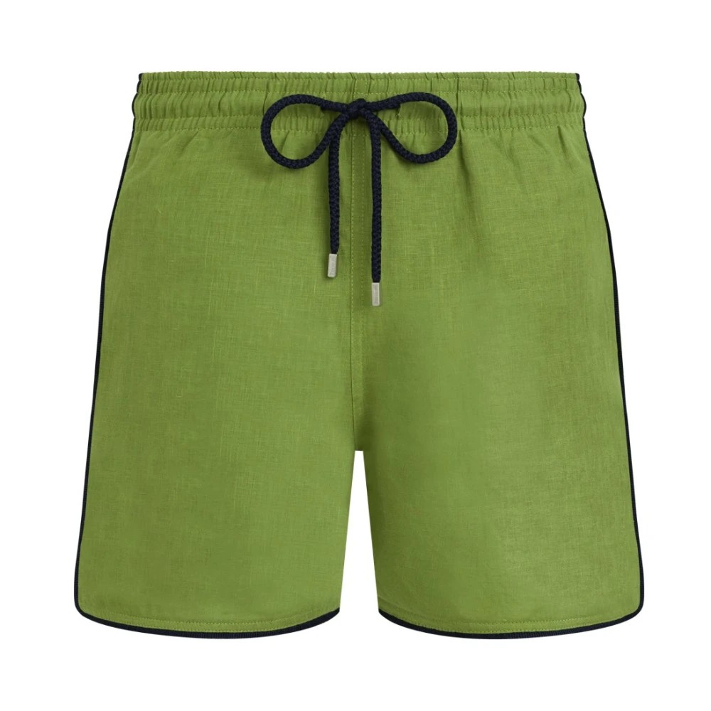 Men's solid green linen swim shorts by Vilebrequin, featuring a drawstring waistband, navy accents, and a relaxed fit, size L.