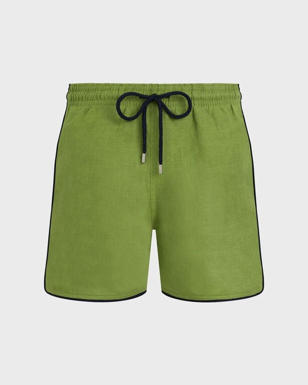 Green linen swim shorts by Vilebrequin, featuring a drawstring waist, navy piping, and a relaxed fit, available in size XXXL.