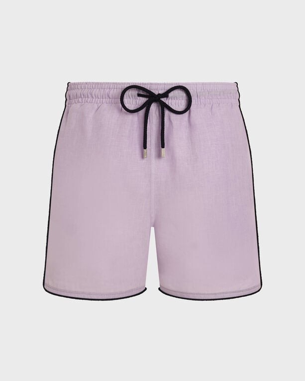Men's solid purple linen swim shorts by Vilebrequin, featuring an elastic waistband with a black drawstring and contrasting black side piping, size M.