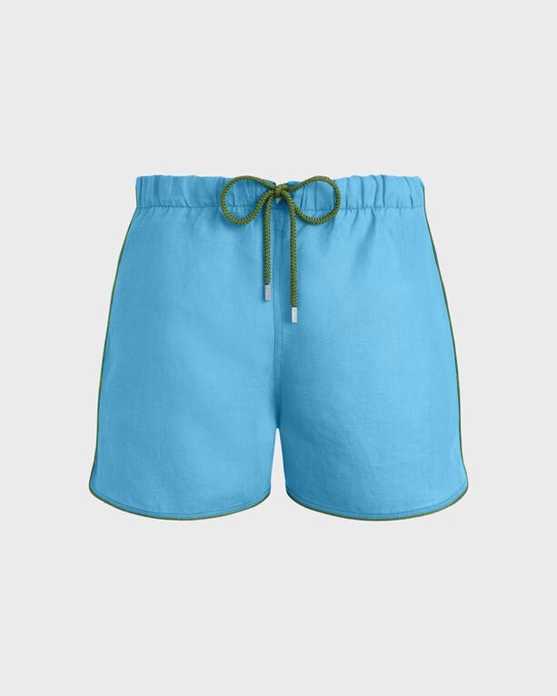 Light blue linen swim shorts with a green drawstring and contrasting trim, featuring an elastic waistband, designed for men in size XXL.