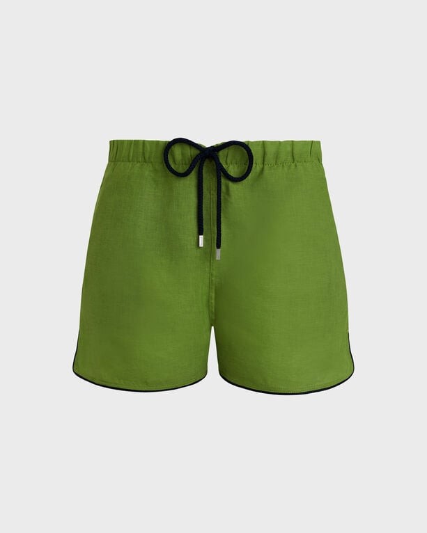 Green linen swim shorts by Vilebrequin, featuring a drawstring waistband, contrasting navy trim, and a relaxed fit, available in size M.