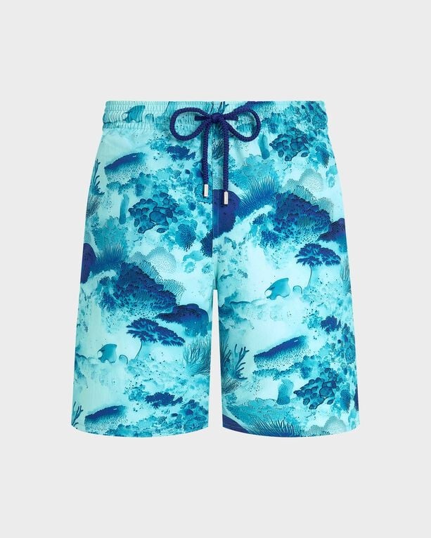 Men's long stretch swim shorts in a vibrant coral reef design, featuring shades of blue and green, with an elastic waistband and drawstring for adjustable fit.