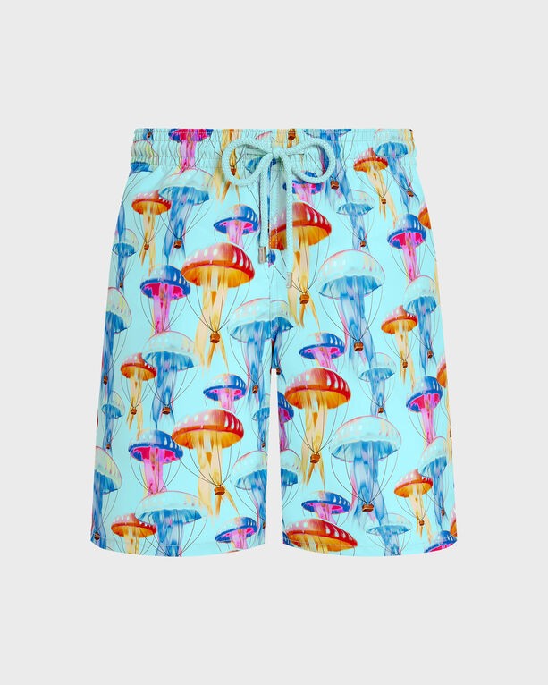 Blue long swim shorts featuring a vibrant jellyfish print in various colors, made from lightweight material, with an adjustable drawstring waist, size XXL.