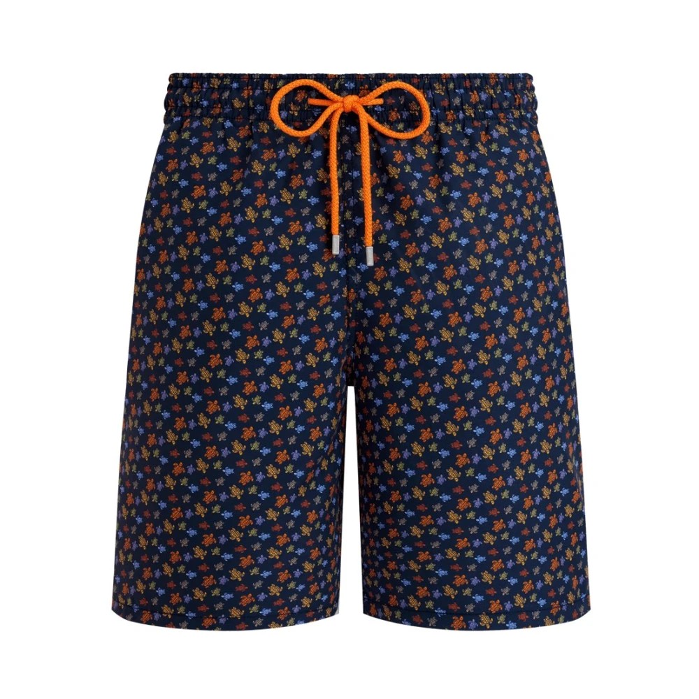 Men's long swim shorts in navy with a micro turtle pattern in orange and blue, featuring an elastic waistband and an orange drawstring, made from lightweight material. Size XXL.