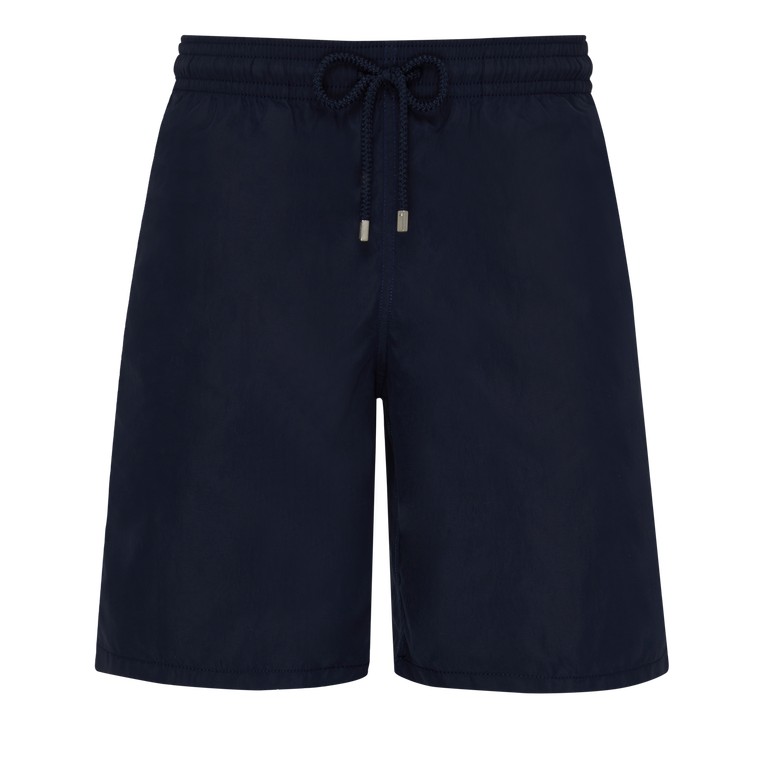 Men's solid blue long swim shorts by Vilebrequin, featuring a drawstring waistband and a lightweight, quick-drying fabric, size M.